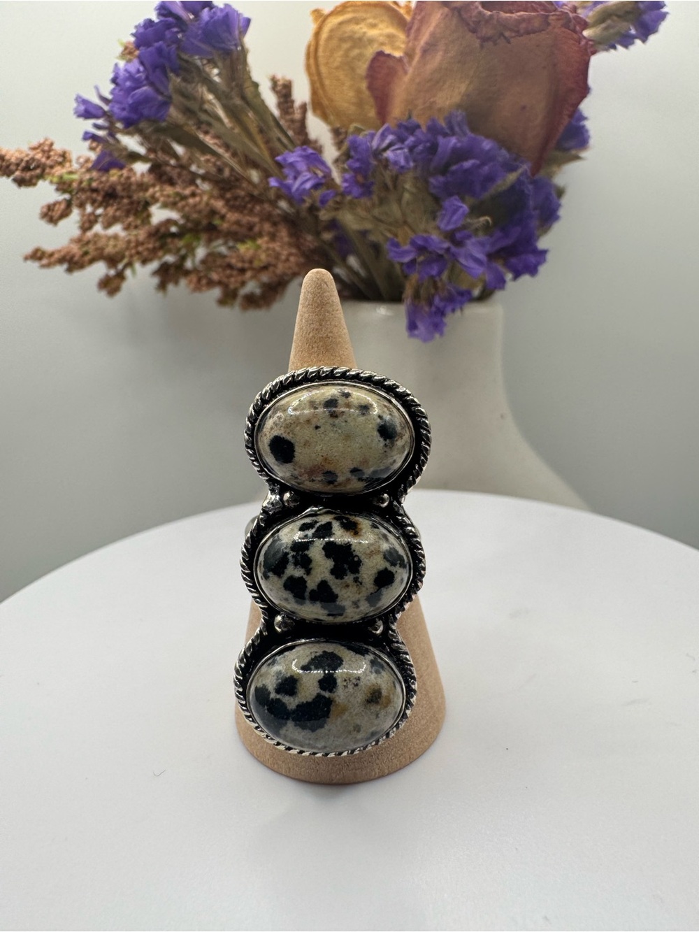 Triple Stone Dalmatian Jasper 925 Plated Statement Ring